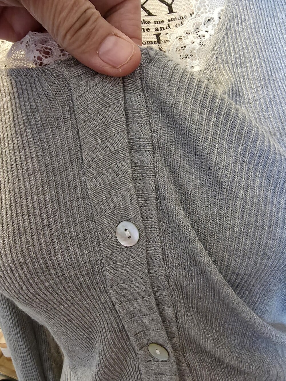 Gray Ribbed Button-Front Lace-Trim Cardigan Sweater - Picture 4 of 8
